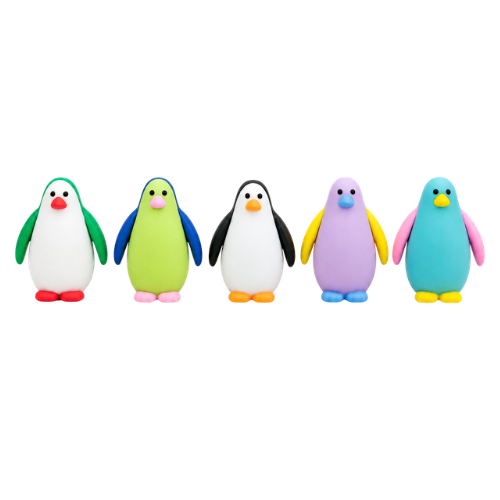 Penguin Pencil Case Eraser Set – 6 Cute Colorful Penguin Erasers in Transparent Pencil Case | Soft Rubber Novelty Erasers for Kids | School Stationery Gift Set