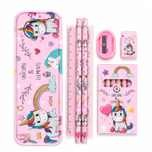 Unicorn & Elements Premium Stationery Gift Set for Kids – Pencil Box with 2 Pencils, Ruler, Sharpener, Eraser & 6 Mini Colour Pencils | Cute Unicorn School Supplies Kit