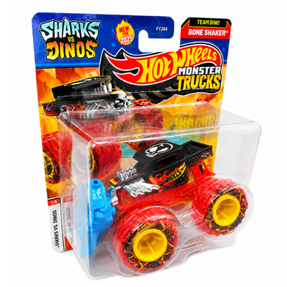 (Box Damaged) Hot Wheels Monster Trucks Bone Shaker – Sharks vs Dinos Series | Die-Cast Monster Truck with Crushable Car | Mattel Collectible Toy (FYJ44)