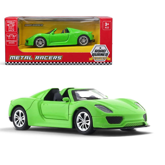 Road Burner 1:36 Green Die-Cast Sports Car with Pull-Back Action & Opening Doors