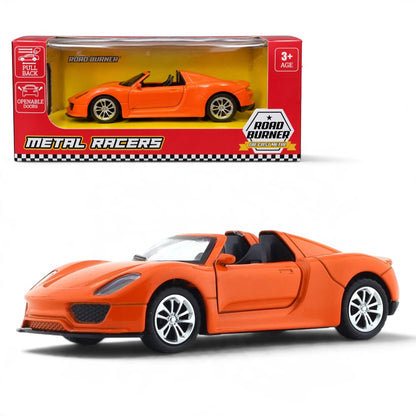 Road Burner 1:36 Orange Die-Cast Sports Car with Pull-Back Action & Opening Doors