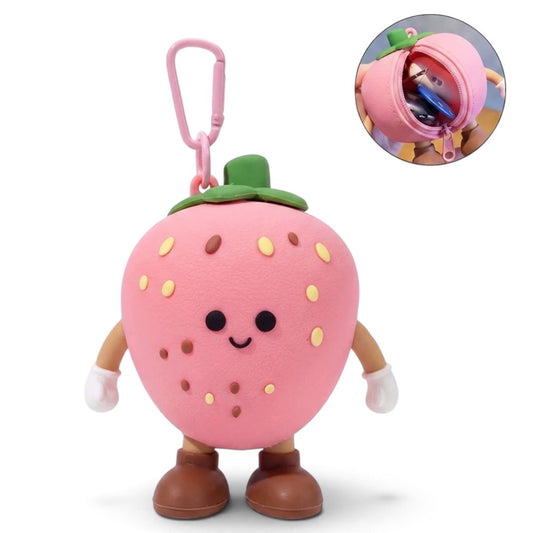 Cute Pink Strawberry Silicone Coin Purse Keychain | Mini Zipper Pouch Bag Charm for Coins, Earbuds, Keys & Small Accessories