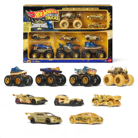 Hot Wheels Monster Trucks Trophy Champions 9-Vehicle Set – 4 Trucks & 5 Cars, Ages 3+