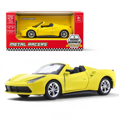 Road Burner 1:36 Yellow Die-Cast Sports Car with Pull-Back Action & Opening Doors