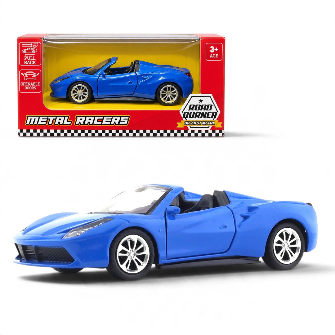 Road Burner 1:36 Blue Die-Cast Sports Car with Pull-Back Action & Opening Doors