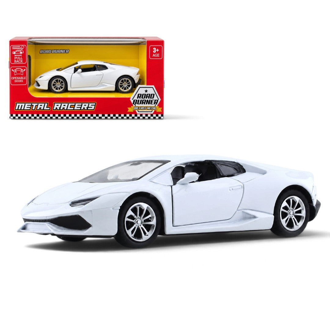 Road Burner 1:36 White Die-Cast Sports Car with Pull-Back Action & Opening Doors