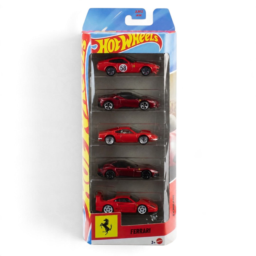 Hot Wheels Ferrari 5-Car Gift Set, 1:64 Scale Diecast Model Cars, Red Collection, Ages 3+