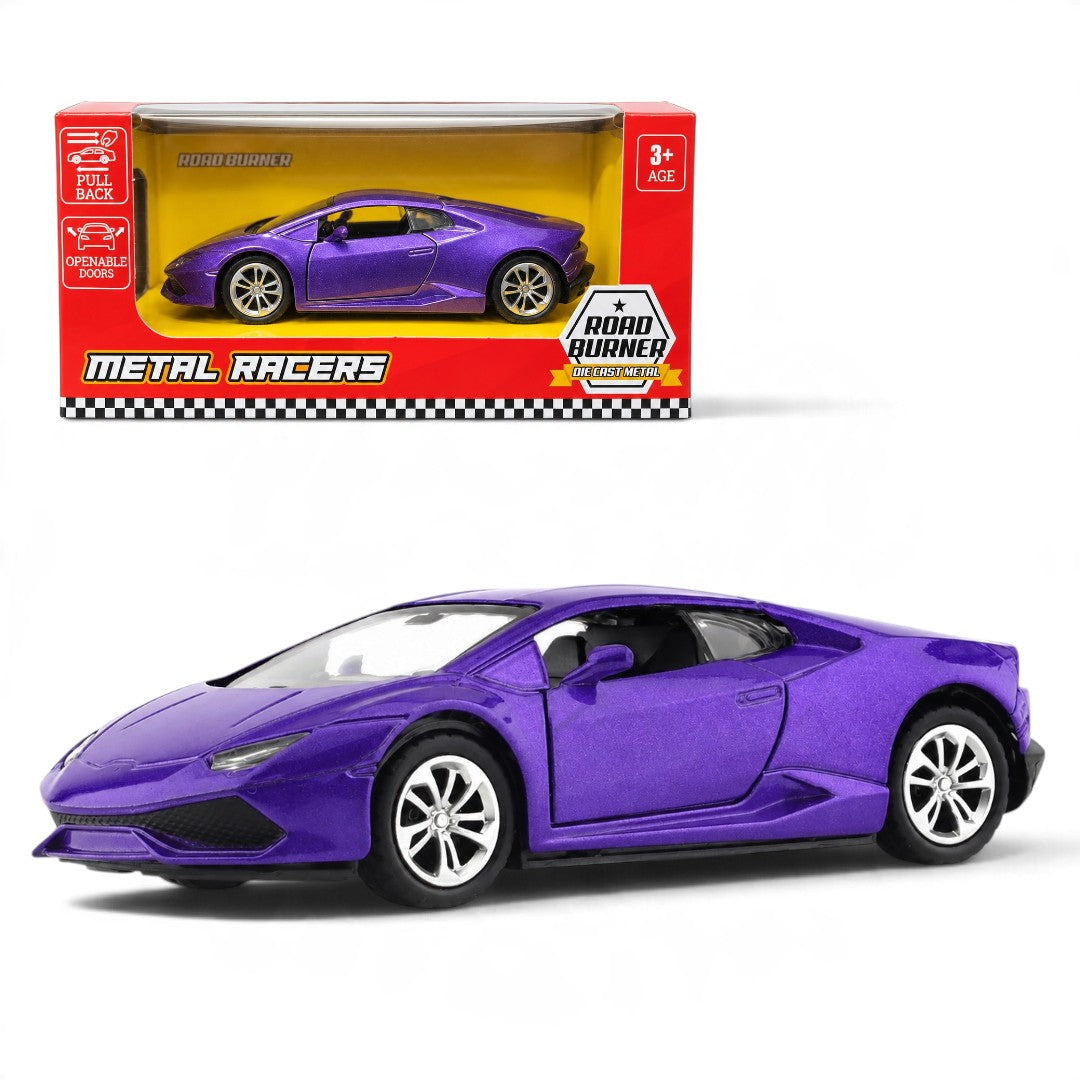 Road Burner 1:36 Purple Die-Cast Sports Car with Pull-Back Action & Opening Doors