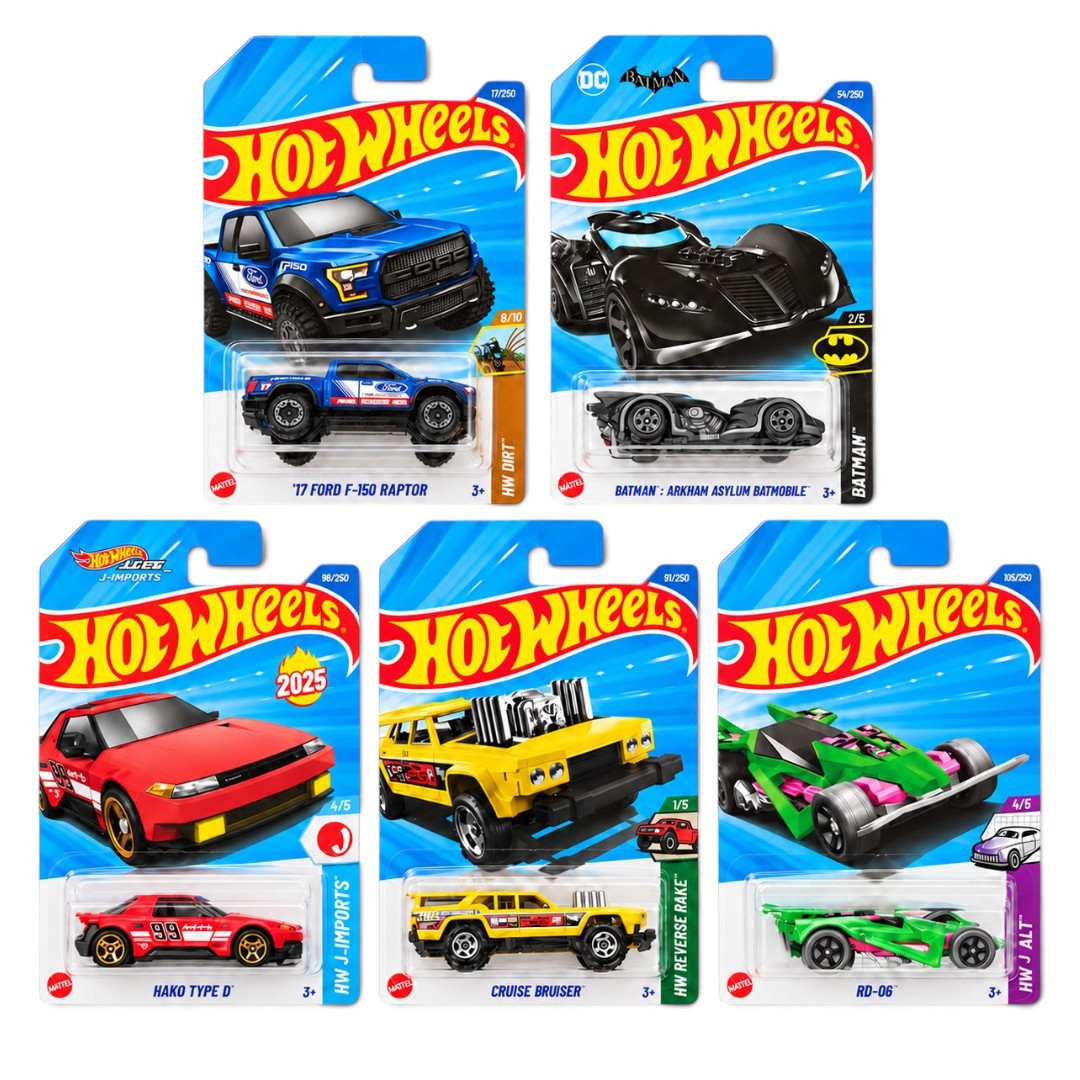 Hot Wheels 1:64 5-Car Combo – ’17 Ford F-150 Raptor, Arkham Asylum Batmobile, Hako Type D, Cruise Bruiser & RD-06