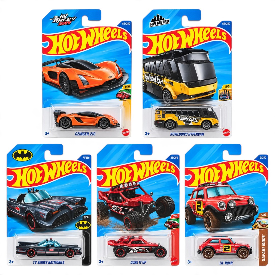 Hot Wheels 1:64 5-Car Combo – Czinger 21C, Kowloon’d Hypervan, TV Series Batmobile, Dune It Up & Lil’ Roar