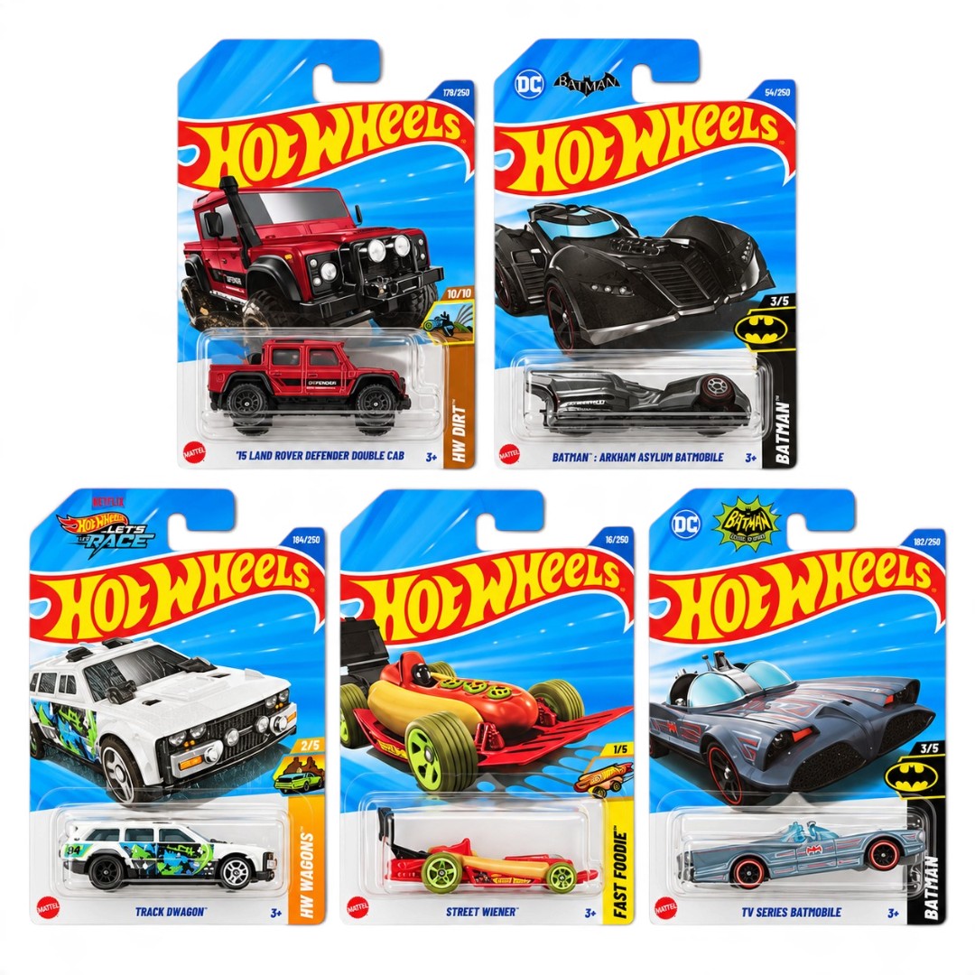 Hot Wheels 1:64 5-Car Combo – ’15 Land Rover Defender Double Cab, Arkham Asylum Batmobile, Track Dwagon, Street Wiener & TV Series Batmobile