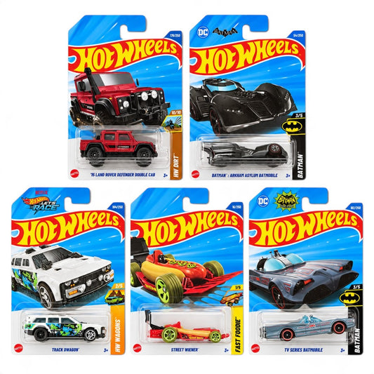 Hot Wheels 1:64 5-Car Combo – ’15 Land Rover Defender Double Cab, Arkham Asylum Batmobile, Track Dwagon, Street Wiener & TV Series Batmobile