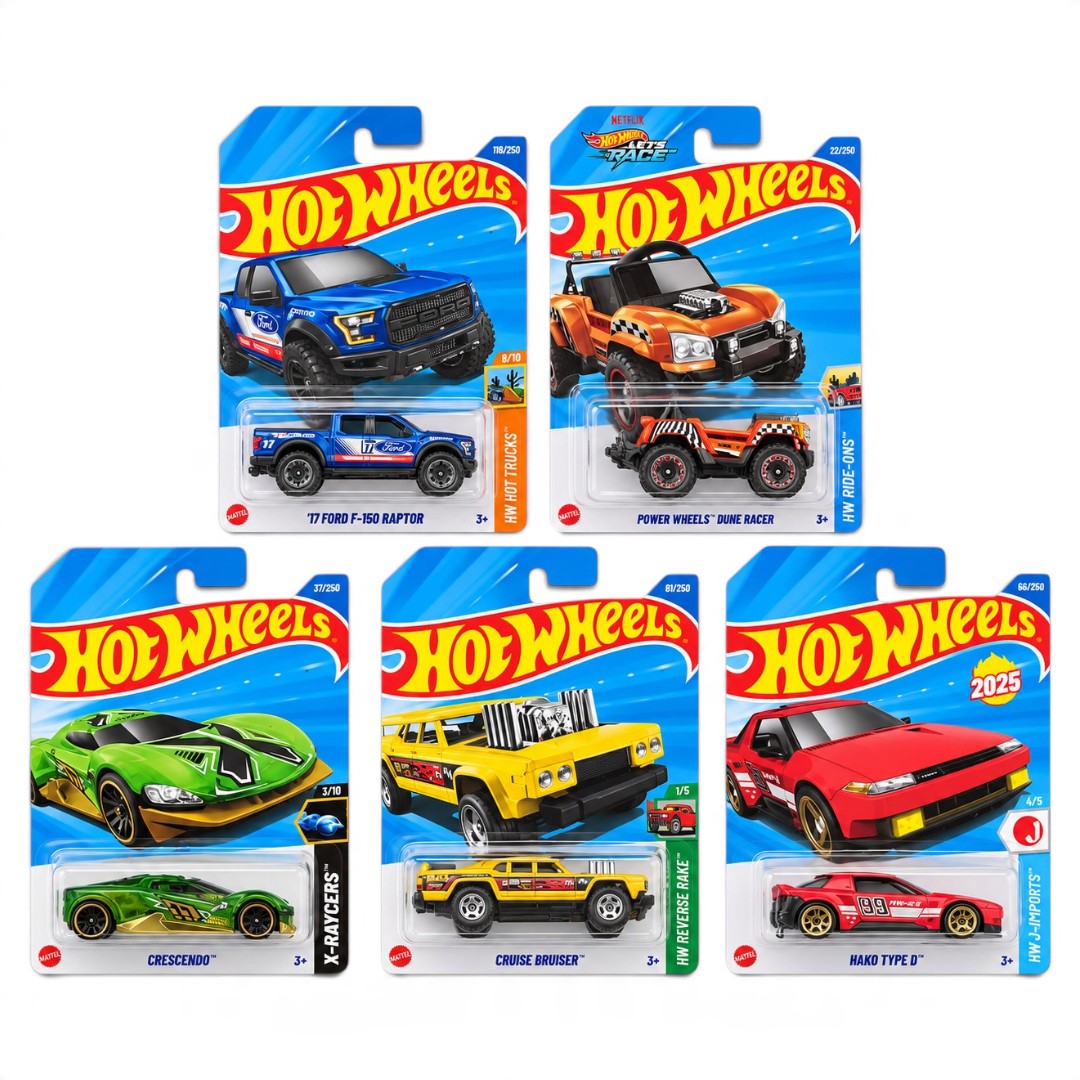 Hot Wheels 1:64 5-Car Combo – ’17 Ford F-150 Raptor, Power Wheels Dune Racer, Crescendo, Cruise Bruiser & Hako Type D