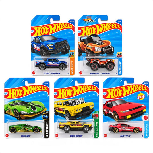Hot Wheels 1:64 5-Car Combo – ’17 Ford F-150 Raptor, Power Wheels Dune Racer, Crescendo, Cruise Bruiser & Hako Type D