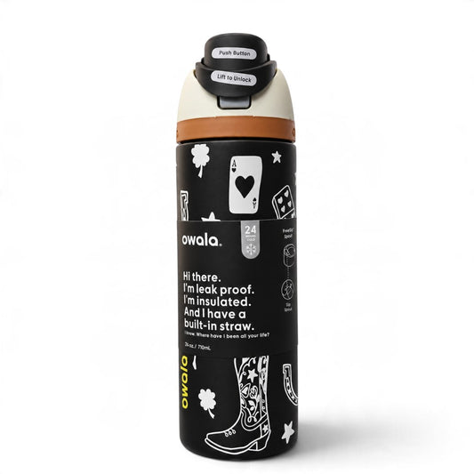 Owala FreeSip 710ml Insulated Water Bottle with Straw – Black Western Design