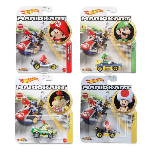 Hot Wheels 1:64 Scale (Blister Pack) Mario Kart 4-Car Set – Baby Mario, Luigi, Bowser Jr. & Toad