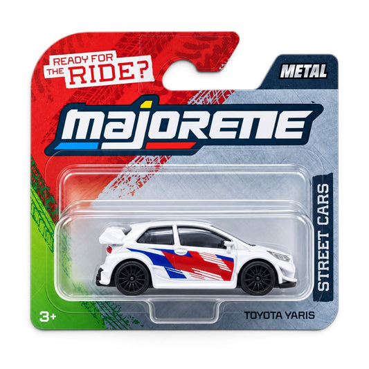 Majorette Street Cars Toyota Yaris Metal Toy Car – White with Red & Blue Graphics, Rear Spoiler, Blister Pack, Ages 3+