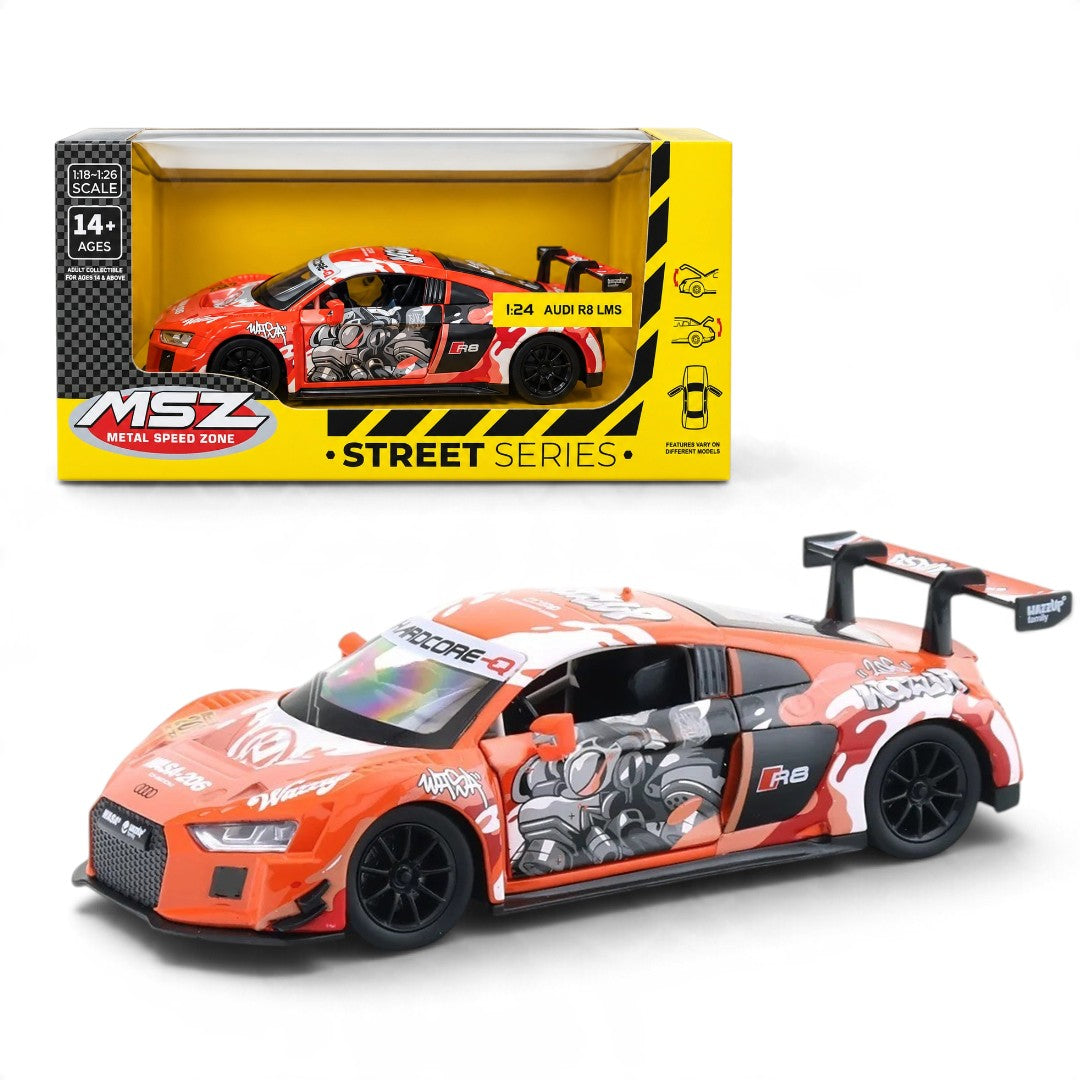 MSZ 1:24 Audi R8 LMS Diecast Racing Car, Red Graffiti Design – Collectible Model & Gift for Car Enthusiasts