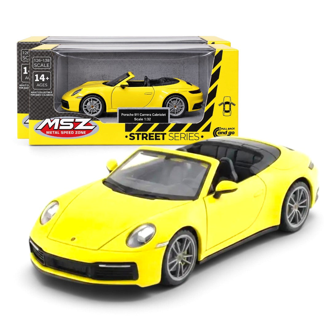 Porsche 911 Cabriolet ミニカー MSZ 1:32 Porsche 911 Carrera Cabriolet Diecast Car, Yellow – Pull