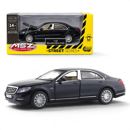 MSZ 1:32 Mercedes-Benz S600 Diecast Luxury Sedan, Black – Pull Back Model Car with Opening Bonnet for Collectors