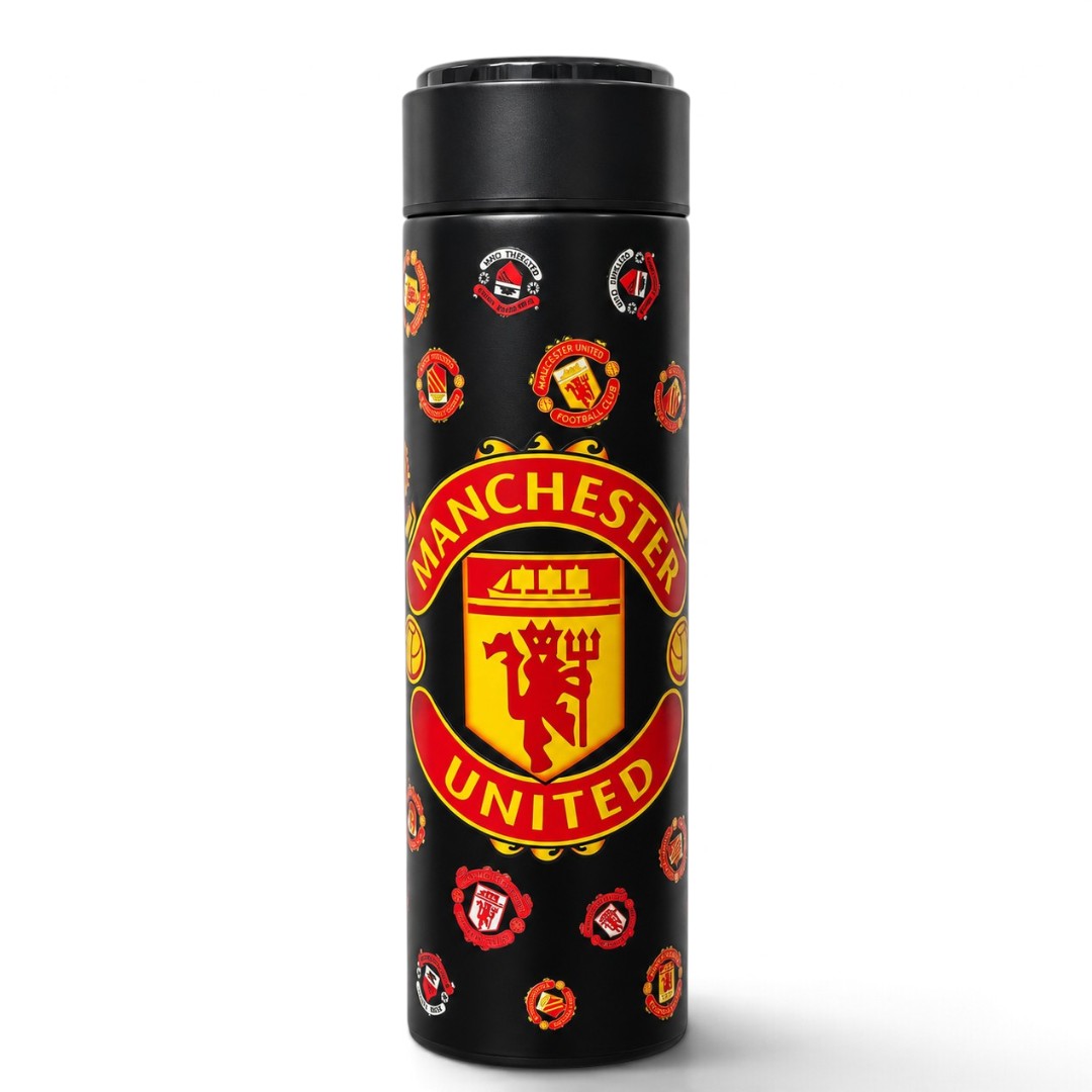 Manchester United 500ml Stainless Steel Vacuum Flask with LED Temperature Display & Tea Strainer – Hot & Cold Thermos Bottle
