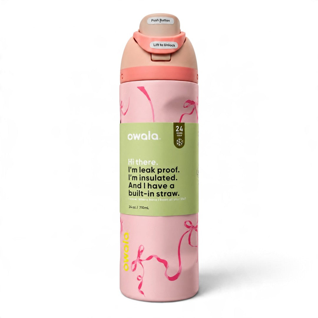 Owala FreeSip 710ml Insulated Water Bottle with Straw – Pink Bow Design
