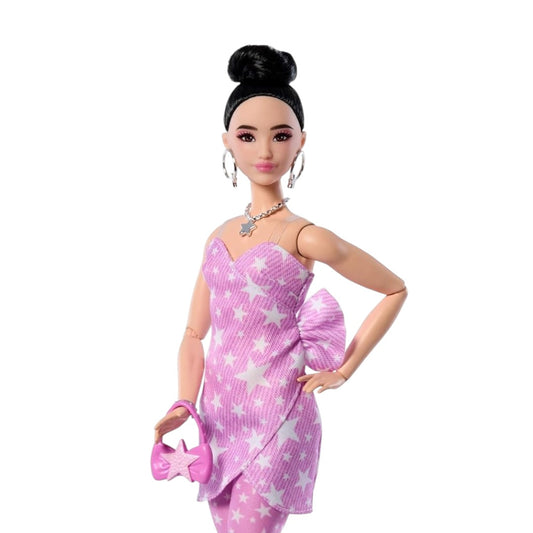 Barbie Deluxe Style Doll #11 in Pink Denim Dress with Printed Stars and Matching Tights Black Hair Tied High Knot JJN71