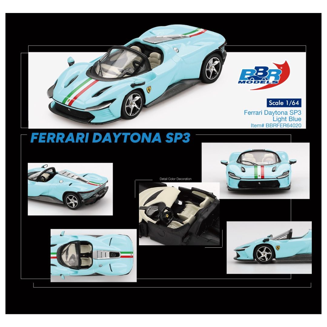 BBR Models 1:64 Ferrari Daytona SP3 Light Blue Limited Edition Die-Cast Model Car