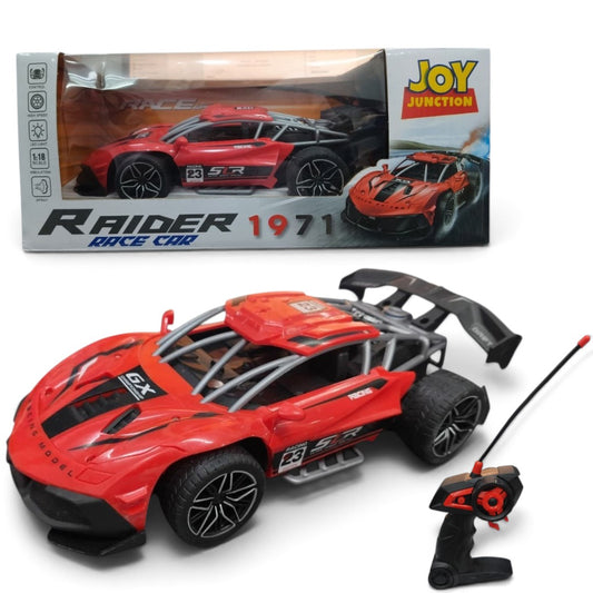 Joy Junction 1:18 Scale Raider 1971 High-Speed Remote Control Race Car with LED Lights, Spray Effect & Pistol-Grip Controller – Red