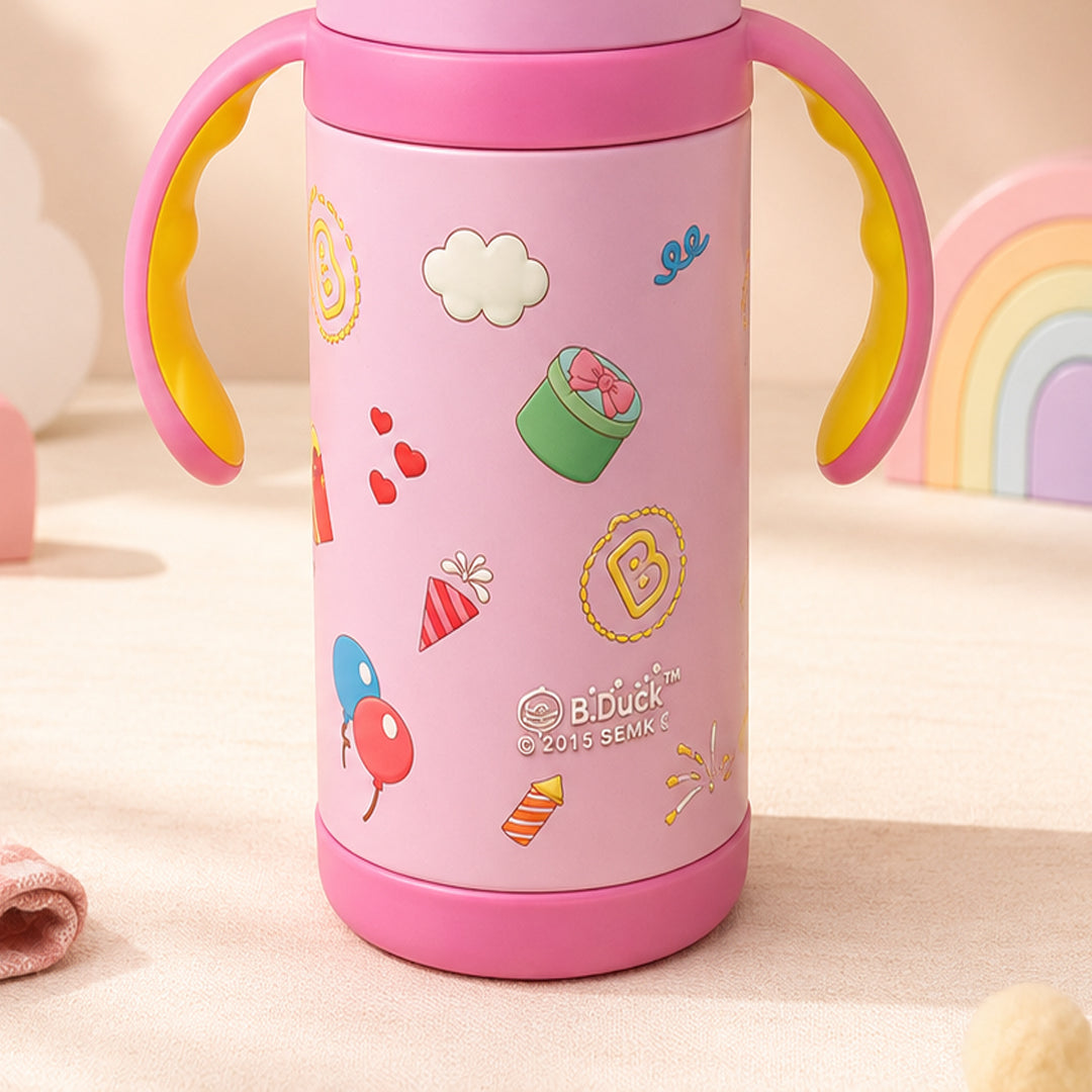 B.Duck Kids Vacuum Insulated Water Bottle with Straw & Carry Strap | Leakproof School Bottle | 420ml