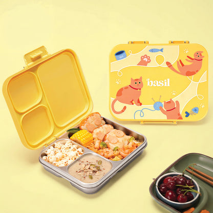 Basil 1000ml Stainless Steel Bento Lunch Box for Kids | 3-Section Leak-Proof Tiffin Box with Silicone-Sealed Lid | Wiggly Woof & Kitty Party