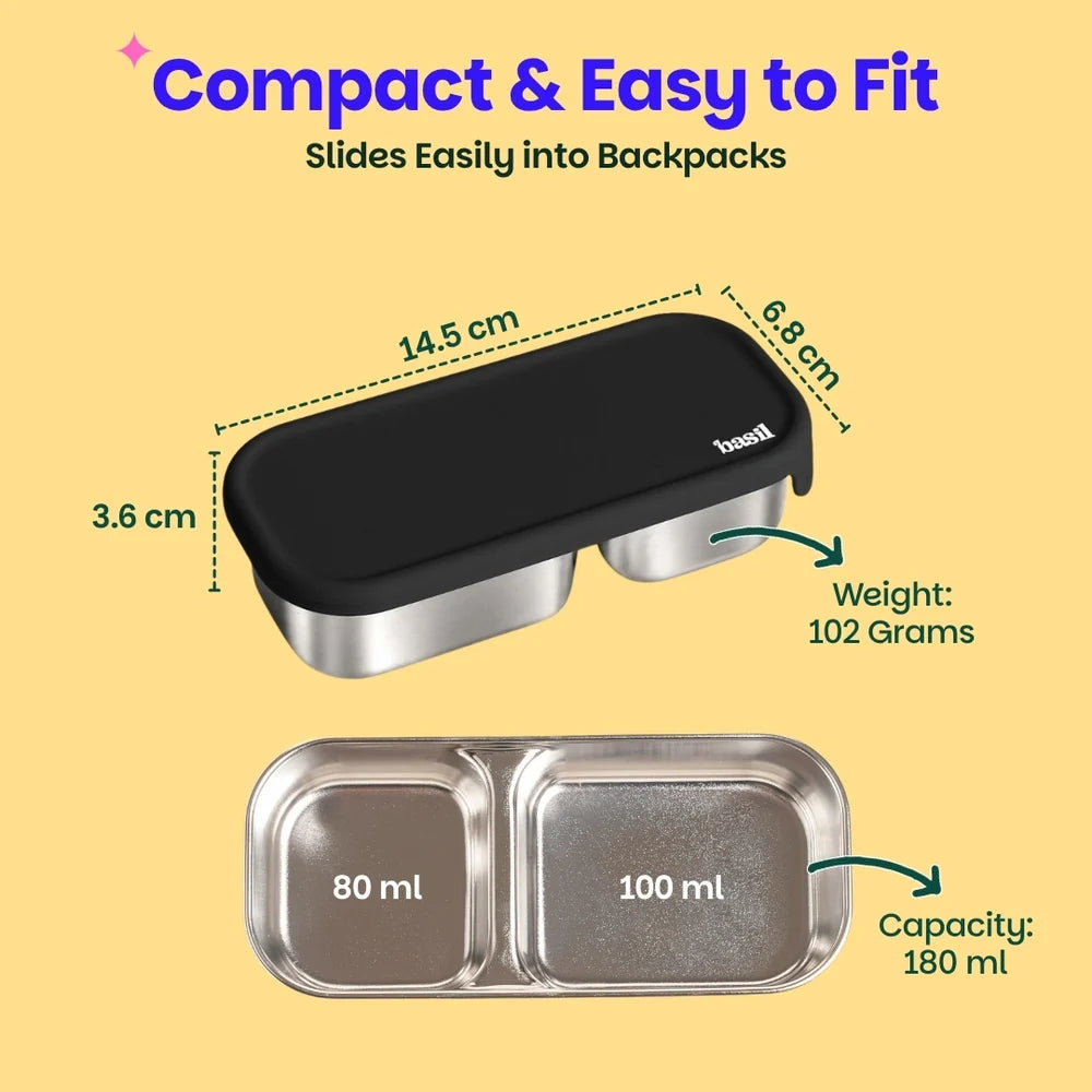 Basil Pickle Dip 180ml Stainless Steel 2-Section Snack & Dip Container with Silicone Lid – 2 Colours Variants