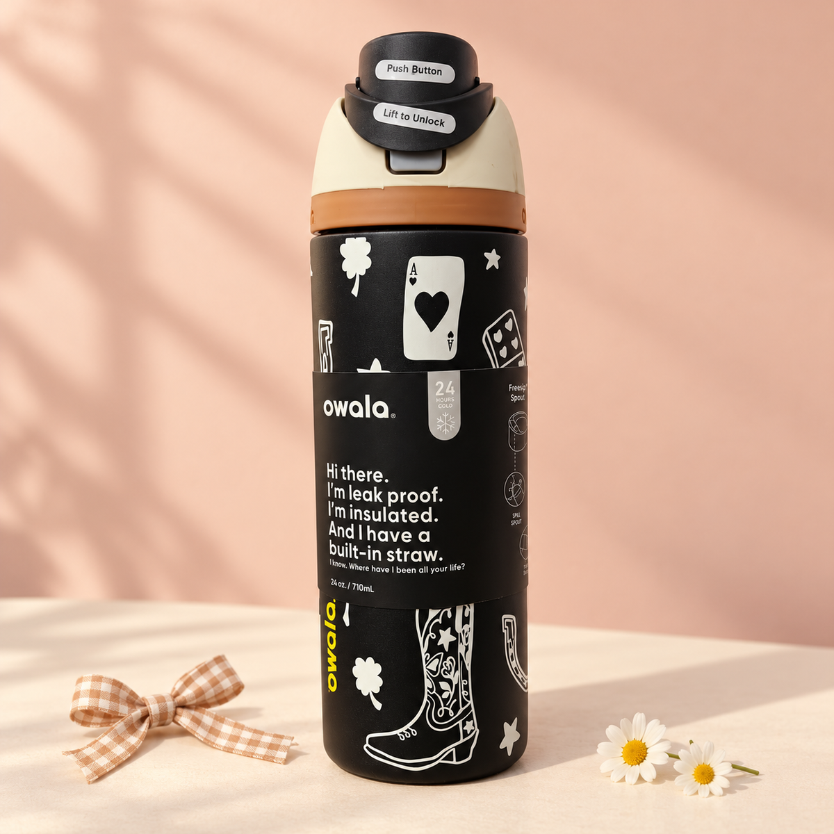Owala FreeSip 710ml Insulated Water Bottle with Straw – Black Western Design
