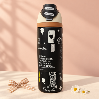 Owala FreeSip 710ml Insulated Water Bottle with Straw – Black Western Design