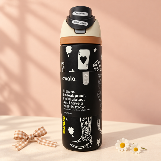 Owala FreeSip 710ml Insulated Water Bottle with Straw – Black Western Design