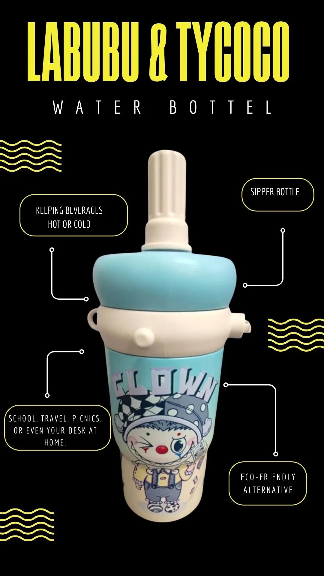 Labubu & Tycoco Sipper Water Bottle 1Ltr Stainless Steel - Jaiman Toys