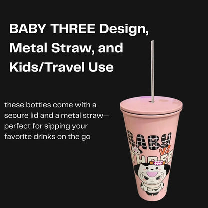 BABY THREE Colorful Stainless Steel Water Bottle – 500ml Pink| With Lid & Metal Straw | Cute Character Design - Jaiman Toys