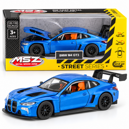 MSZ BMW M4 GT3 Blue Die-Cast Model Car with Pull-Back Action & Opening Parts – Street Series