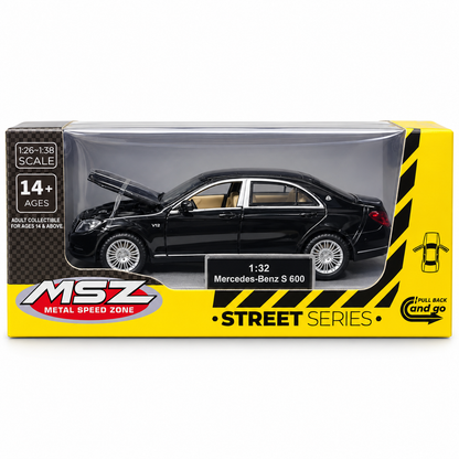 MSZ 1:32 Mercedes-Benz S600 Diecast Luxury Sedan, Black – Pull Back Model Car with Opening Bonnet for Collectors