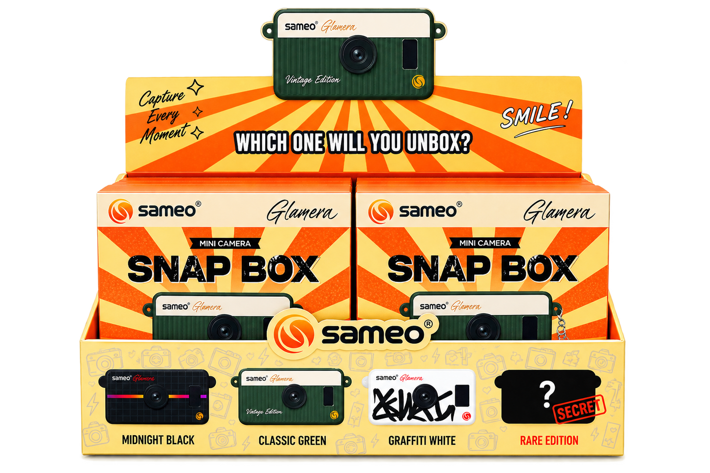 SAMEO Glamera Snap Box Mini Camera – 1 PC Random Design | 1080P Full HD Video, 12MP Photos, 7 Photo Filters, 0.96" IPS Display, Rechargeable Keychain Camera
