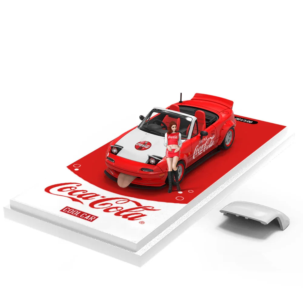 Cool Car 1:64 Mazda MX-5 Miata (NA) Coca-Cola Red & White Edition Diecast Model Car with Display Base & Figure – Limited Collector's Edition