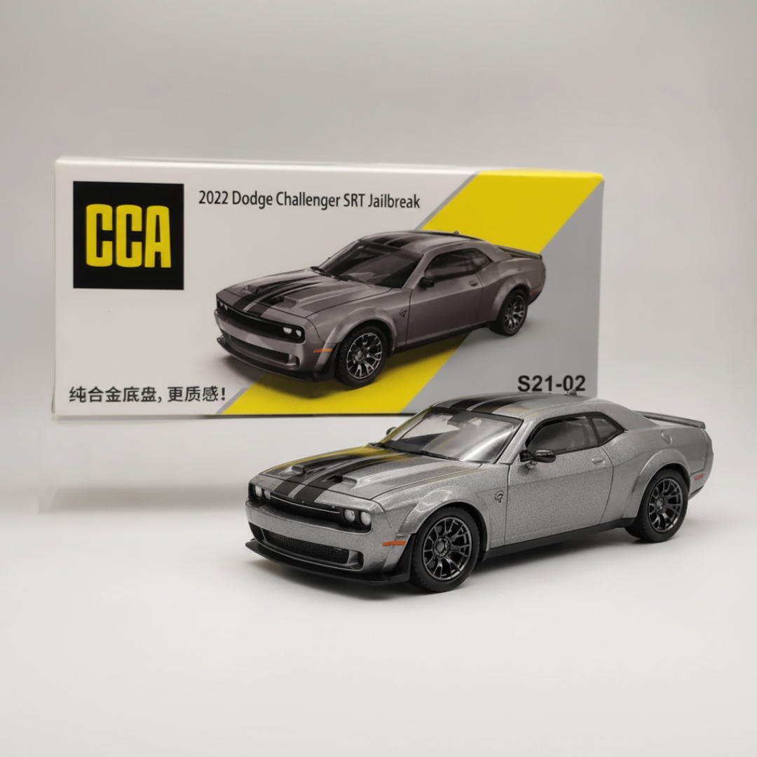 CCA 1:64 2022 Dodge Challenger SRT Jailbreak S21-02 Die-Cast Model Car – Grey | American Muscle Car Collectible with Black Racing Stripes