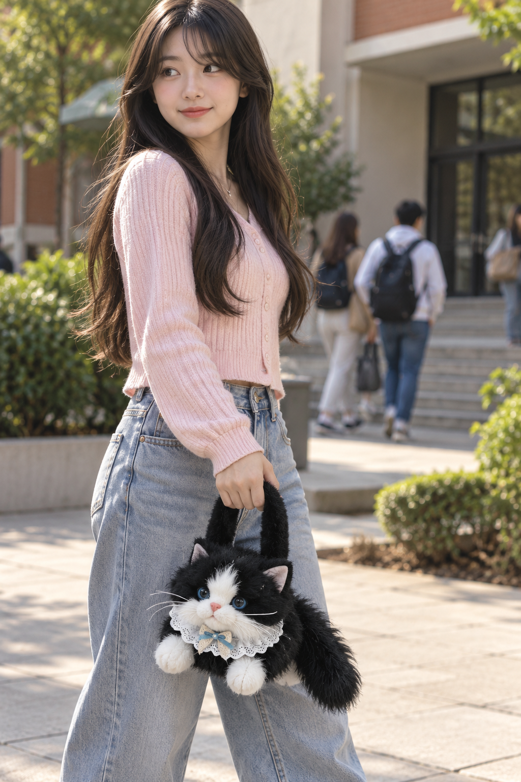 Cute Plush Tuxedo Cat Handbag | Kawaii Fluffy Kitty Bag with Lace Collar & Bowtie for Women & Girls