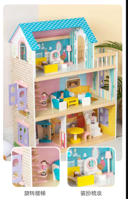 MDF 3-Floor Wooden Doll House Baby – Pretend Play Furniture Set for Kids, Educational Role Play Toy
