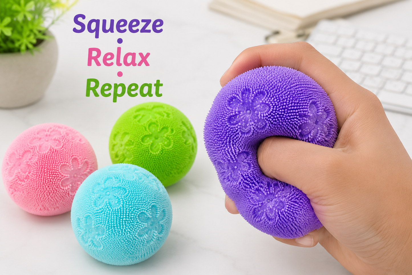 Textured Squeeze Stress Relief Ball with Flower Pattern – Soft Sensory Fidget Toy, 1 Pc Random Colour