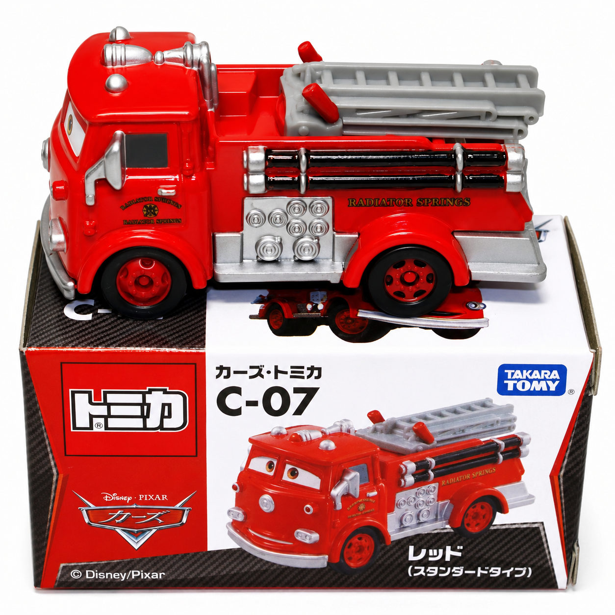 Tomica Takara Tomy Disney Pixar Cars C-07 Red Fire Truck Die-Cast Toy Vehicle Model, Radiator Springs Fire Department Character Fire Engine with Ladder, Detailed Collectible Miniature Car Toy for Kids, Cars Fans & Die-Cast Collectors