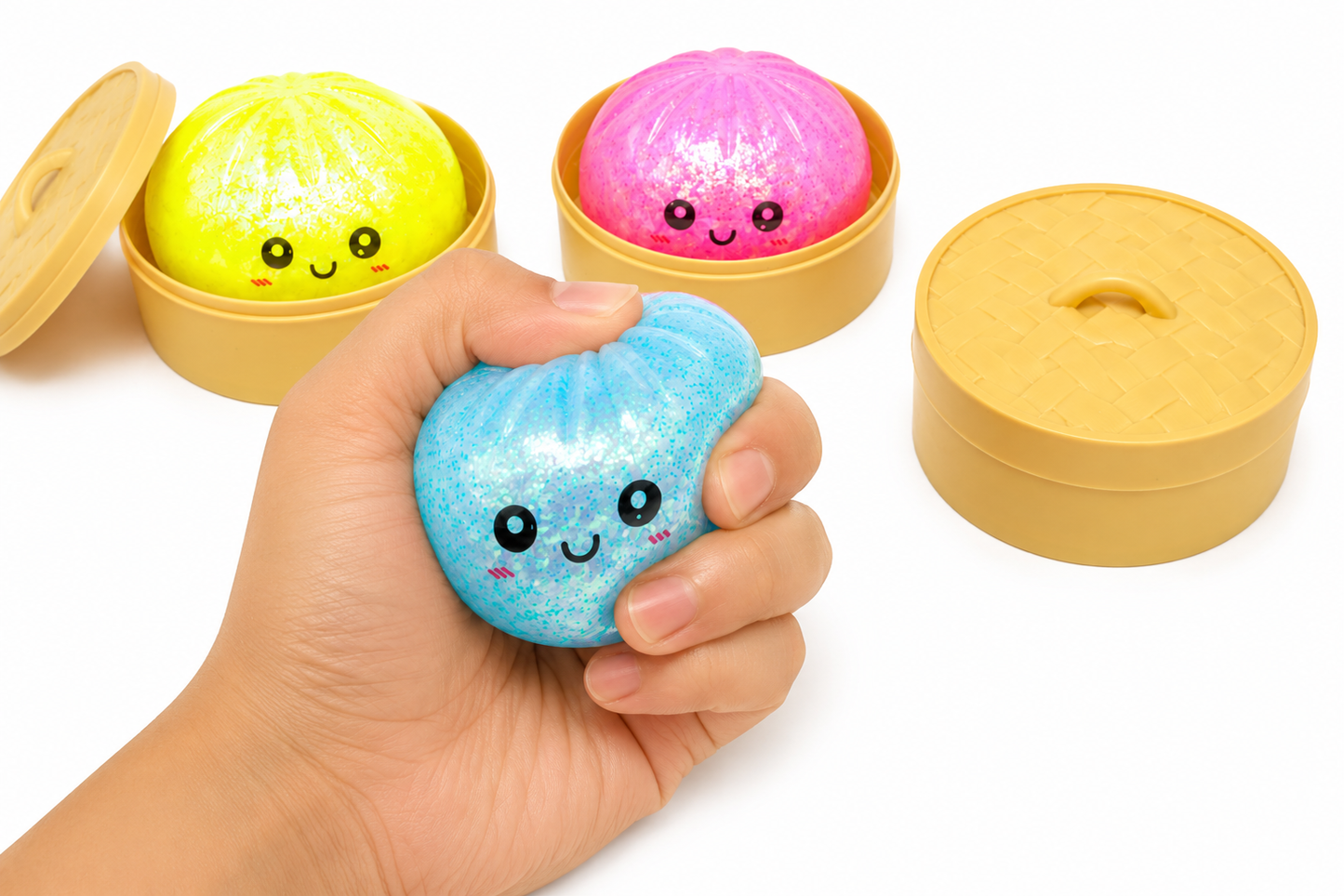 Rainbow Mystery Squishy Bun in Dumpling Box – Soft Sensory Fidget Squeeze Toy, 1 Pc Random Colour
