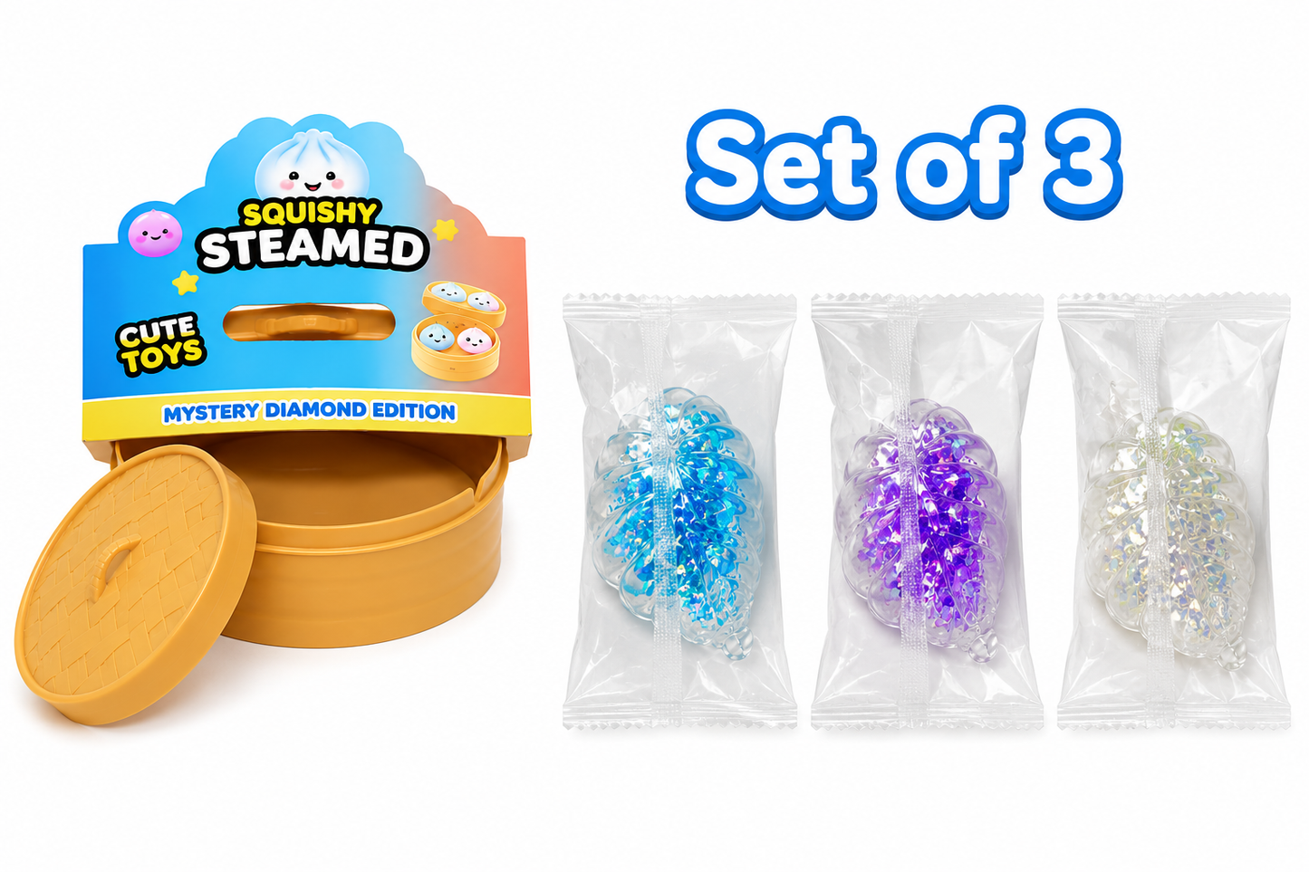 Squishy Steamed Mystery Diamond Dumpling Fidget Toys – Set of 3 with Steamer Box, Random Set