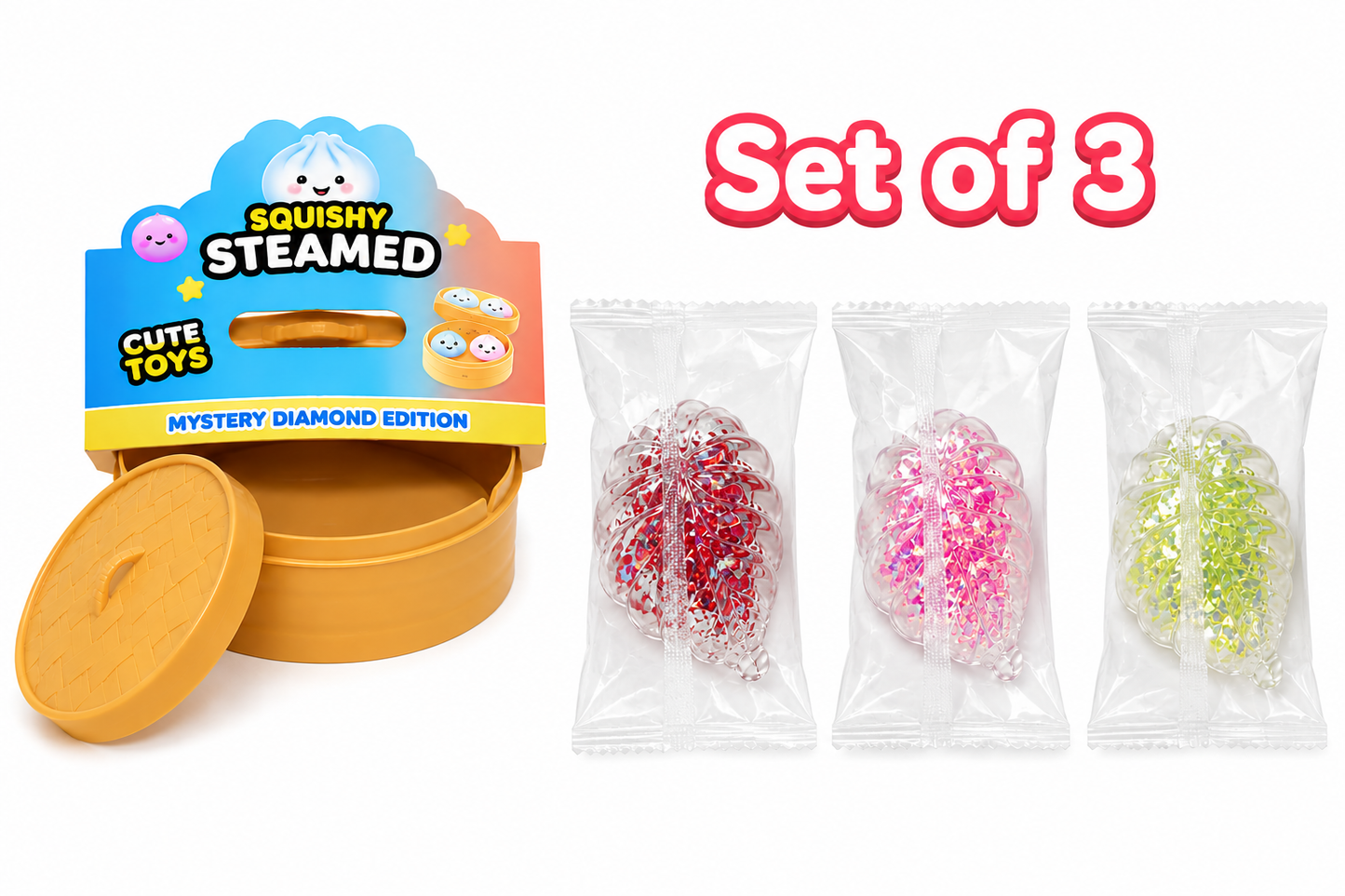 Squishy Steamed Mystery Diamond Dumpling Fidget Toys – Set of 3 with Steamer Box, Random Set