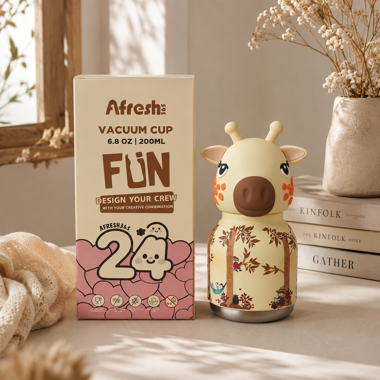 Afresh365 200ml Vacuum Insulated Stainless Steel Water Bottle for Kids – Giraffe Fun Character Design, Cute Kids Drinking Cup with Silicon Straw, Hot & Cold Bottle for School, Travel & Everyday Use